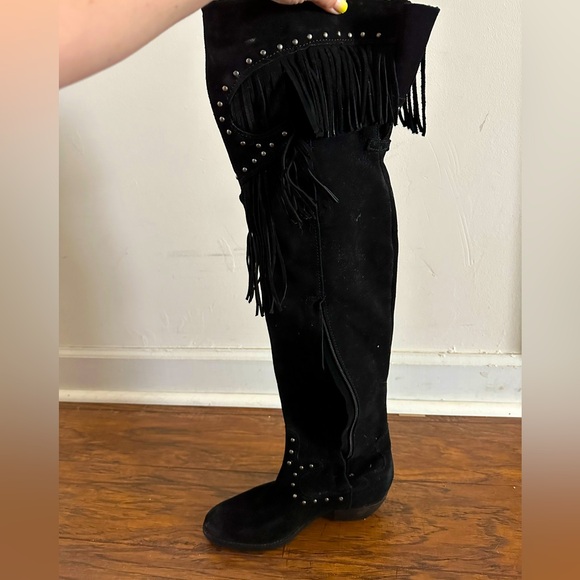 Over-the-Knee Black Leather/Suede Fringe Studded Cowboy Boots, Sz: 7 - Picture 8 of 10